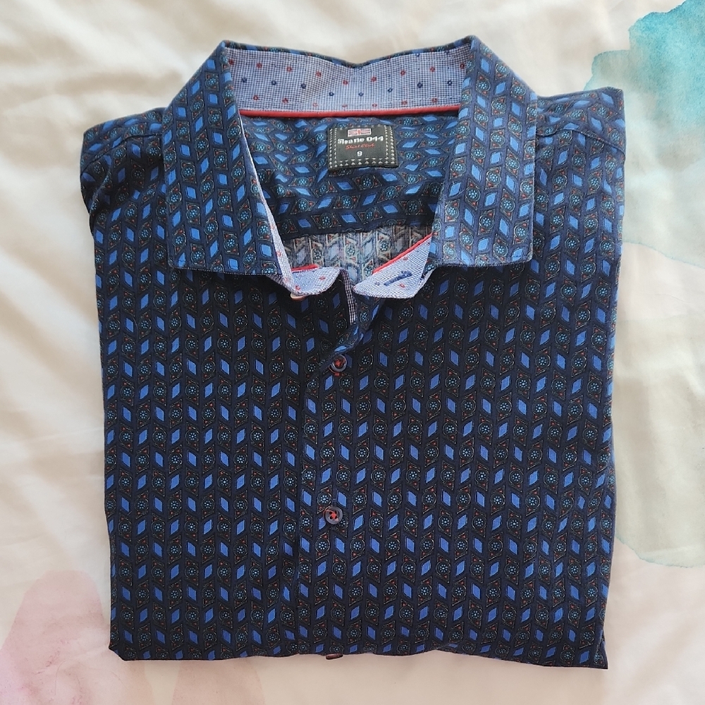 Sloane 044 Shirt Club blue geometric print long sleeve button-down shirt, 3XL